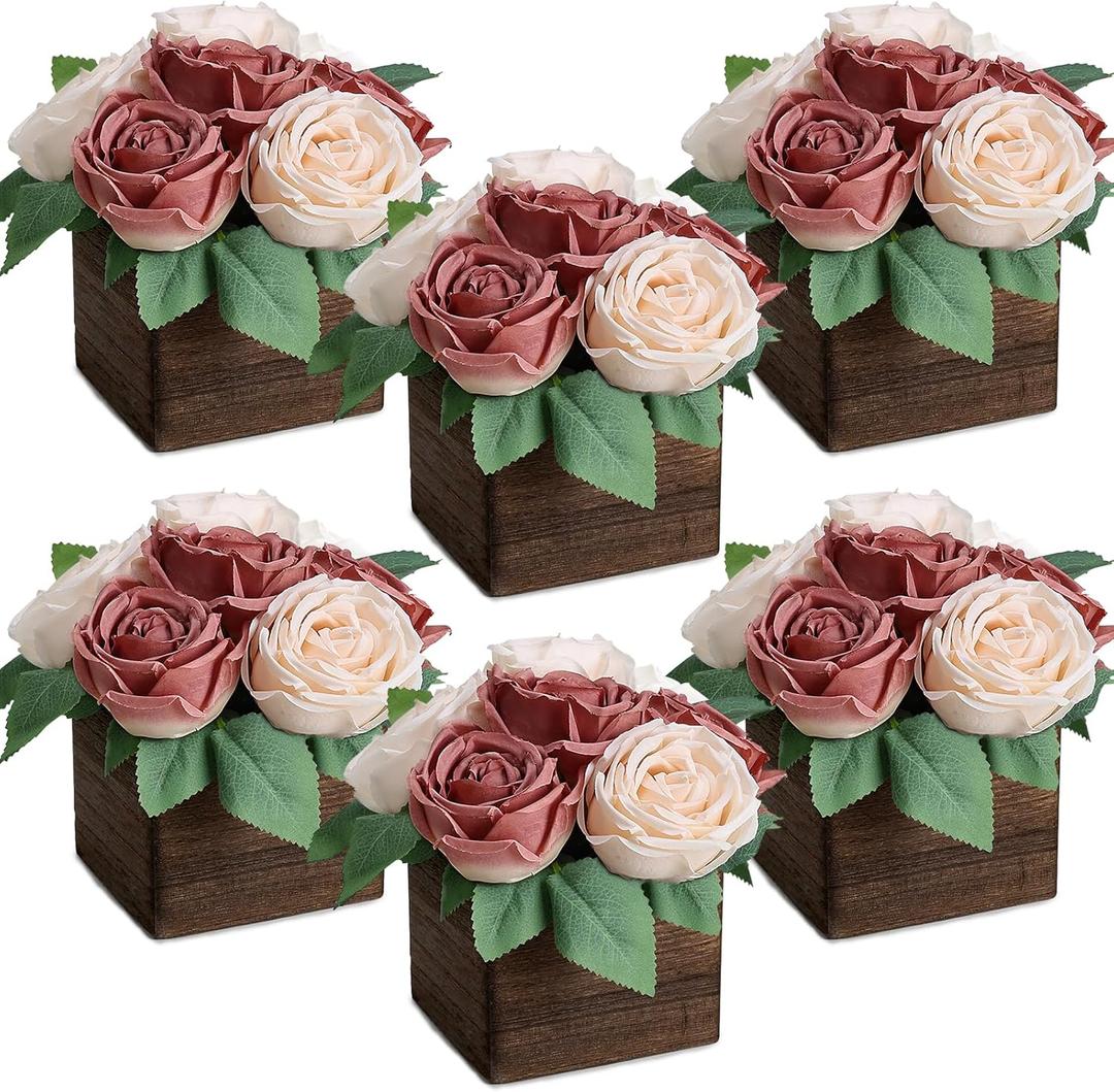Dining Table Centerpiece Set of 6 - Pre-Made Aritifial Rose with Wooden Vase Fake Floral Arrangment Faux Flower for Wedding Bridal Tea Party Event Decorations - Dusty Pink & Champagne