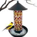 Lily's Home Mosaic Glass Hanging Bird Feeder for Outside Wild Birds. with Short Perches for Small to Medium Birds. Deter Grackles, Dove and Blackbirds - Cardinal Feeders for Outdoors. Outdoor Decor (Orange)
