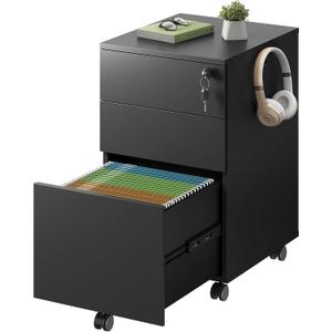 DEVAISE 3 Drawer File Cabinet with Lock, Small Rolling Filing Cabinet Under Desk, Wood Office Drawers Fits Letter/Legal/A4 Size Folders, Black (Black)