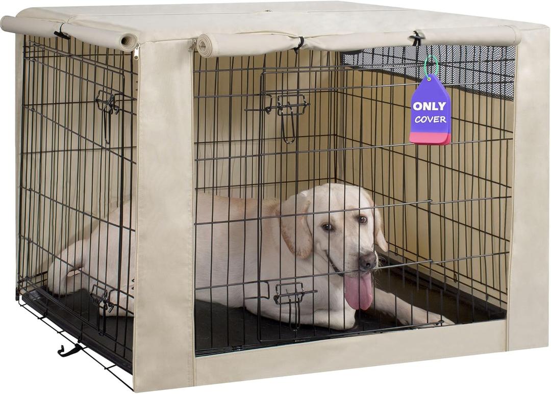 HiCaptain Dog Crate Cover 54.0" L x 37.0" W x 45.0" H with Breathable Mesh, Durable Heavy Duty Kennel Cover, Dual Zippered Panels, Windproof Waterproof UV-Resistant(Beige)