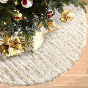 Dremisland Christmas Tree Skirt White&Gold Luxury Faux Fur Tree Skirt with Sequin Stripes Soft Plush Tree Skirt for Xmas Tree Decoration Winter Party Holiday Xmas Decorations (Gold, 36inch/90cm)