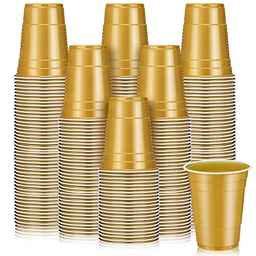 Lounsweer 100 Pcs 16 oz Disposable Party Cups Plastic Heavy Duty Drinking Water Cups for Graduation Baby Shower Wedding BBQ Birthday Picnic Party Supplies(Gold)