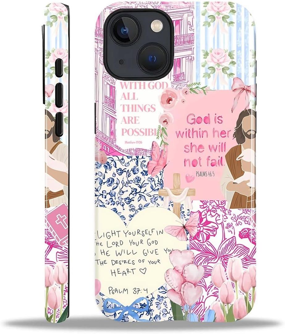 Case Designed for iPhone 15, Hybrid 2-Layer Case, Military-Grade Protection Durable Shockproof Anti-Scratch Phone Case, Pink Blue Jesus Collage