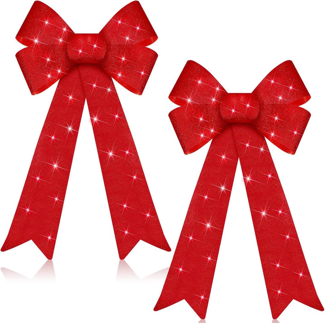 2 Pcs Christmas LED Wreath Bow Large 24 x 12 Inch Xmas Lighted Wreath Christmas Tree Topper Bows Winter Wall Decor for Holiday Indoor Outdoor Home Xmas Decoration (Burgundy)