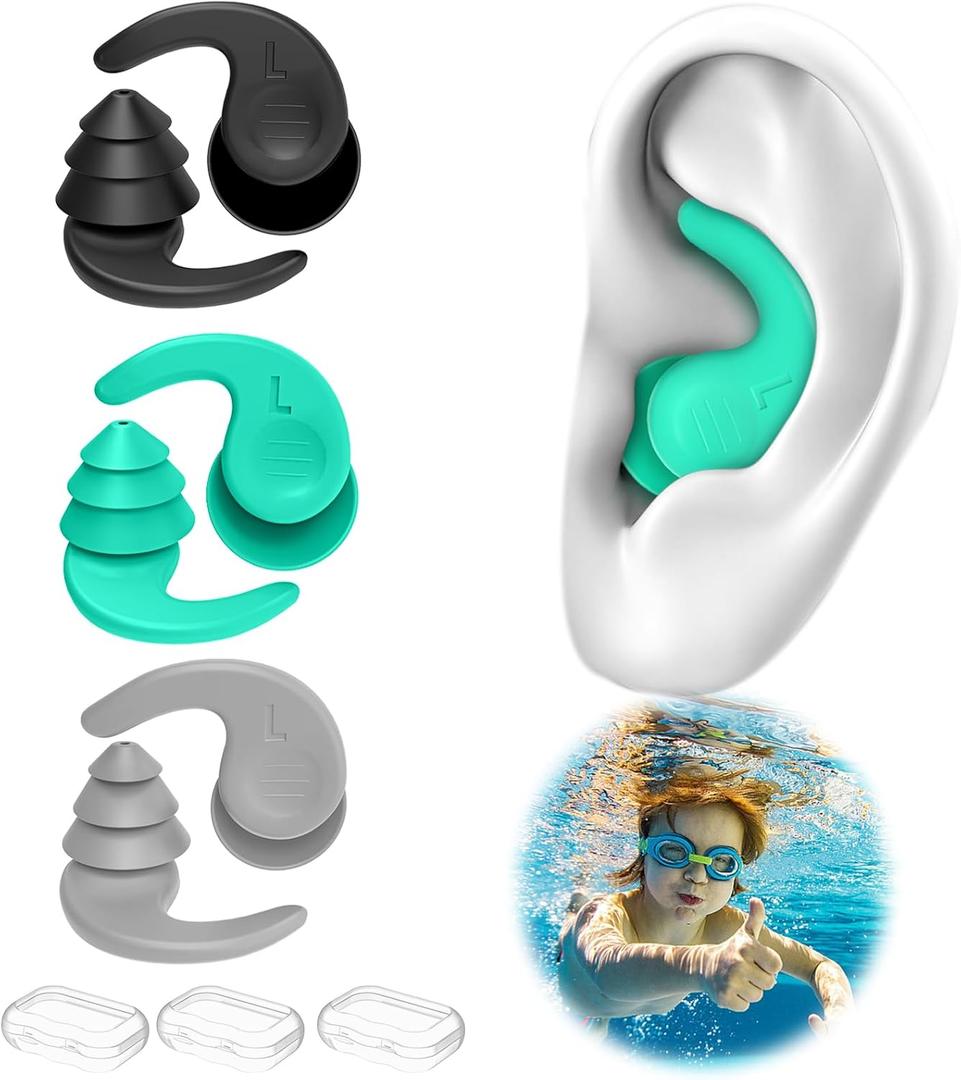 Kids Swimming Ear Plugs,3 Pairs Waterproof Reusable Silicone Child Swim Earplugs for Swimming Surfing Bathing Showering,Small Children Water Ear Plugs Suitable for Boys and Girls (Kids 6-14 Years Old)