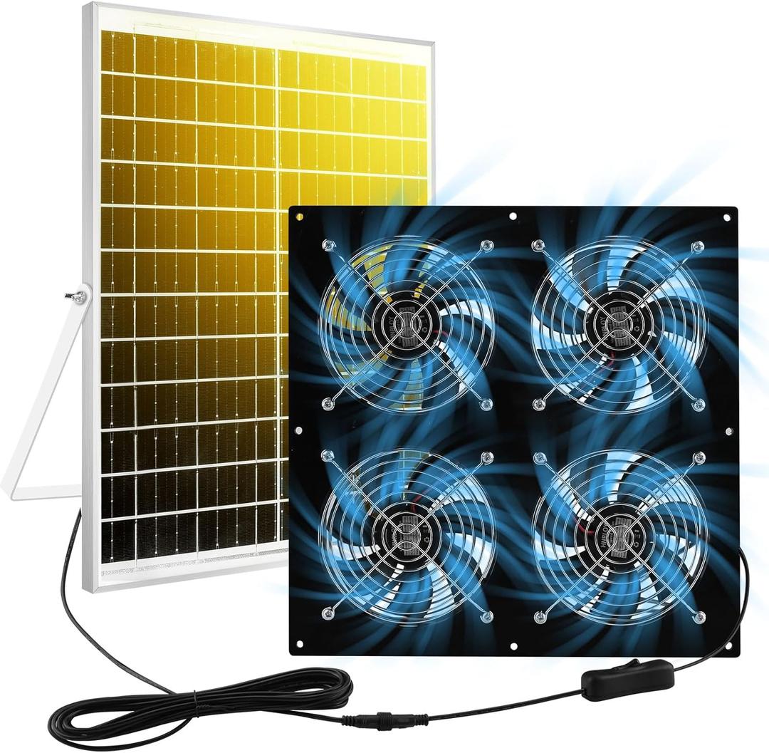 Solar Exhaust Fan for Chicken Coop & Powered Fan with 25W Solar Panel & 4-Pack High-Speed Brushless DC Fans, Solar Shed Ventilation Fan for Greenhouses,Attics, Barns & Dog Houses
