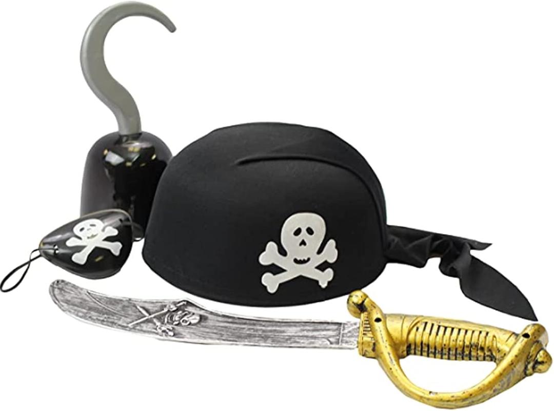 Funny Party Hats Pirate Accessories for Kids - Costume Accessory Set for Children (4 Piece Pirate Dress Up Play Set W/Hat Hook Sword and Patch)