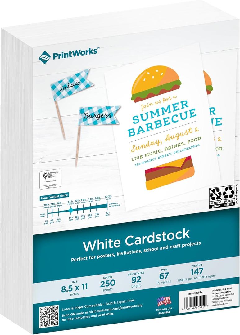 PrintWorks White Cardstock 8.5" x 11" - 67 lb/147 gsm Vellum Bristol - 250 Sheets - Made in the USA - SFI Certified - 92 Bright - Card Stock Printer Paper for School, Craft, & Office Use (00564)