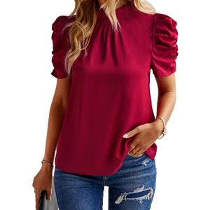 BTFBM Womens Tops Dressy Casual Mock Neck Puff Short Sleeve Shirts Back Tie Business Work Blouses Summer Fall 2025 (X-Large, Solid Wine Red)