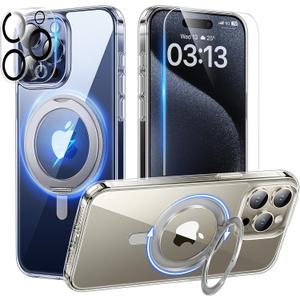 TAURI 360Rotatable Magnetic Ring for iPhone 15 Pro Max Case Clear, [Designed for Magsafe] with Stand & Ring Holder, [Not Yellowing] Phone Case for 15 Pro Max