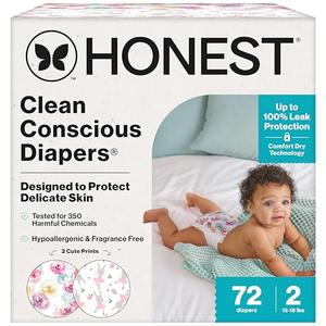 The Honest Company Comfort Dry Diapers, Hypoallergenic, Fragrance-Free, Sensitive Skin, Rose Blossom + Tutu Cute, Club Box Size 2 (12–18 lbs), 72 Count
