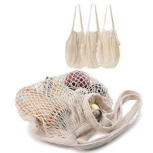 MERCURHOUSE 3 pack Cotton String Shopping Bags Reusable Washable Grocery Mesh Bags Organizer for Grocery Shopping Produce Net Bags with Longhandle for Fruit Vegetable Storage
