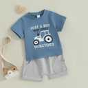 Baby Boy Cute Letter Short Sleeve Shirt Top Elastic Waist Shorts Toddler Summer Outfits (Blue Just A Boy Who Loves Tractors, 6-12 Months)