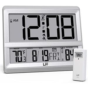 LFF Atomic Clock Large Display, Digital Wall Clock with Indoor Outdoor Temperature and Date, Wireless Outdoor Sensor, Digital Desk Alarm Clock Battery Operated for Bedroom, Easy to Read, Sliver