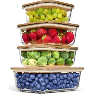 4 Pack Glass Food Storage Containers with Bamboo Lids, Meal Prep Glass Tupperware with Wooden Lid  Dishwasher & Microwave Safe, Plastic Free, BPA Free