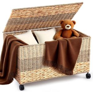 Cinnvoice 42.3 Gallon(160L) 30×17.7×18 in Wicker Storage Trunk with Wheels & Lid Heavy Duty Rolling Storage Bench Large Toy Chest Water Hyacinth Woven Blanket Bin for Bedroom, Laundry Room, Tricolor