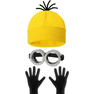 3 Pcs Halloween Costume Accessories Adult,Goggles Glasses/Yellow Beanie/Gloves for Men Women Cosplay Party Set