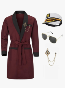 Men Silk Robe Red Jacket Hugh Costume With Belt Brooch Captain Sailor Hat Toy Glasses Set Halloween Hefne Costume Men, Size 3XL