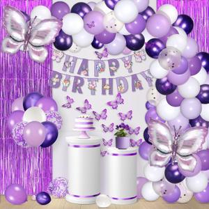 Purple Butterfly Balloon Arch Kit with Banner, Stickers, Fringe Curtains for Girls' Birthday Party Decor