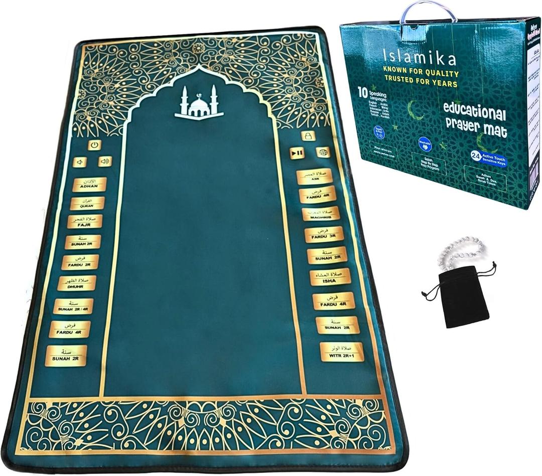Islamika Electronic Prayer Mat - Smart Interactive Prayer Rug - Ideal for New Converts and Those Learning or Perfecting Their Prayer - Comes with Islamic Prayer Beads (R Green)