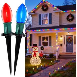 C9 Christmas Lights Outdoor, 2 Packs Total 51.4 Ft Christmas Pathway Lights with 40 LED Bulbs and Stakes, Outdoor Decorations Yard Walkway Sidewalk Holiday, Multicolor