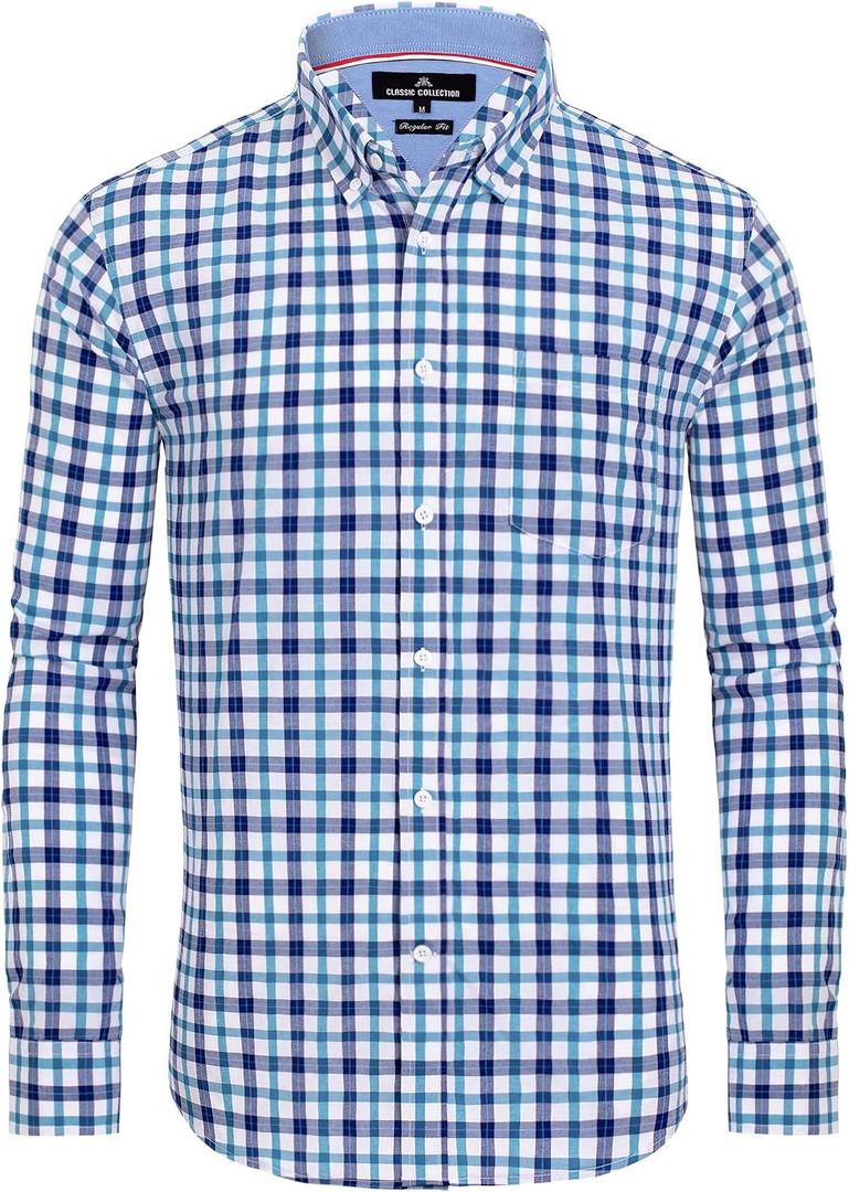 Alimens & Gentle Men's Plaid Button Down Shirts Cotton Long Sleeve Dress Shirts Regular Fit Gingham Shirts, XL