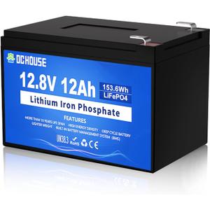 DC HOUSE 12V 12Ah LiFePO4 Lithium Battery with 15A BMS, 10 Year Lifespan,10000+ Cycles, for Marine, Ride on Toy, Trolling Motor Fish Finder, Kayak, Power Wheels, Lighting, Solar, Camping