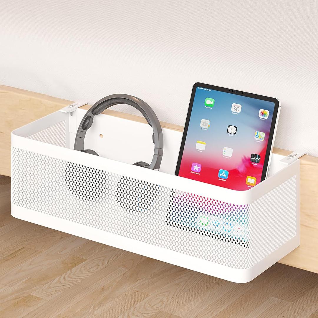 Bedside Caddy Shelf for Bunk Bed, Office Cubicle Walls, Crib Rails, Dorm Bed College Dorm Room Essentials Bed Shelf for Cell Phone Headphone Magazine Snacks(White, L13.78in*W5.12in*H3.94in)
