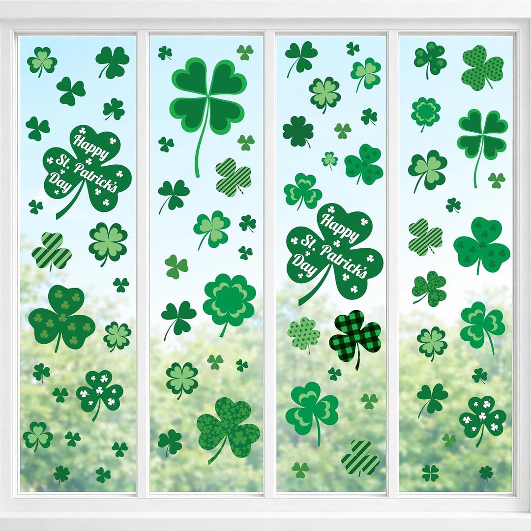 3 x 4Es Novelty 115 PCS St. Patricks Day Window Clings (9 Sheets) Green Shamrock Window Clings for Glass, St Patricks Day Window Decorations & Irish Home Decor
