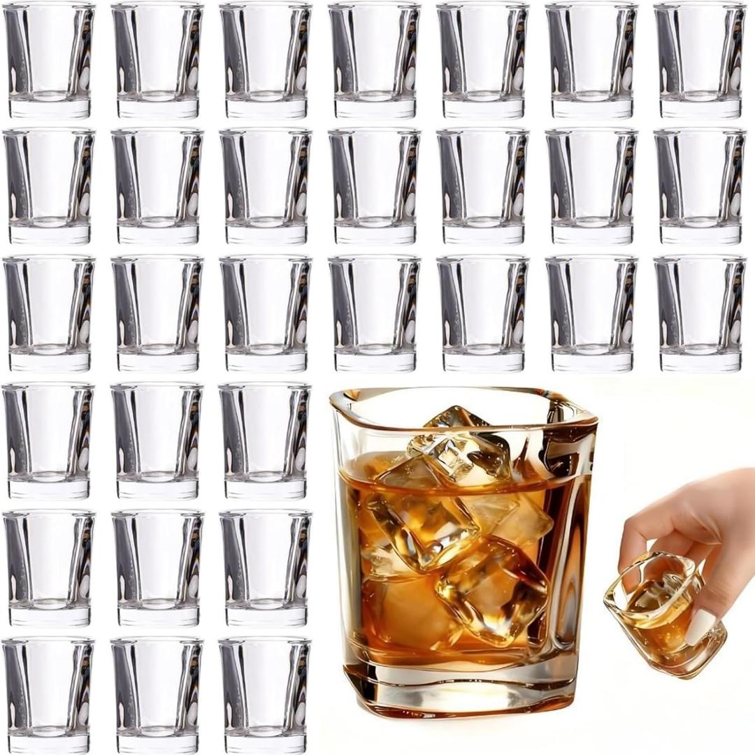 ELFULLY 30 Pack Heavy Base Shot Glasses Set, 2.2 oz Clear Whiskey Glasses, Square Shot Glass Bulk, Small Thick Glass Cups for Espresso, Ideal Supplies for Bar Party