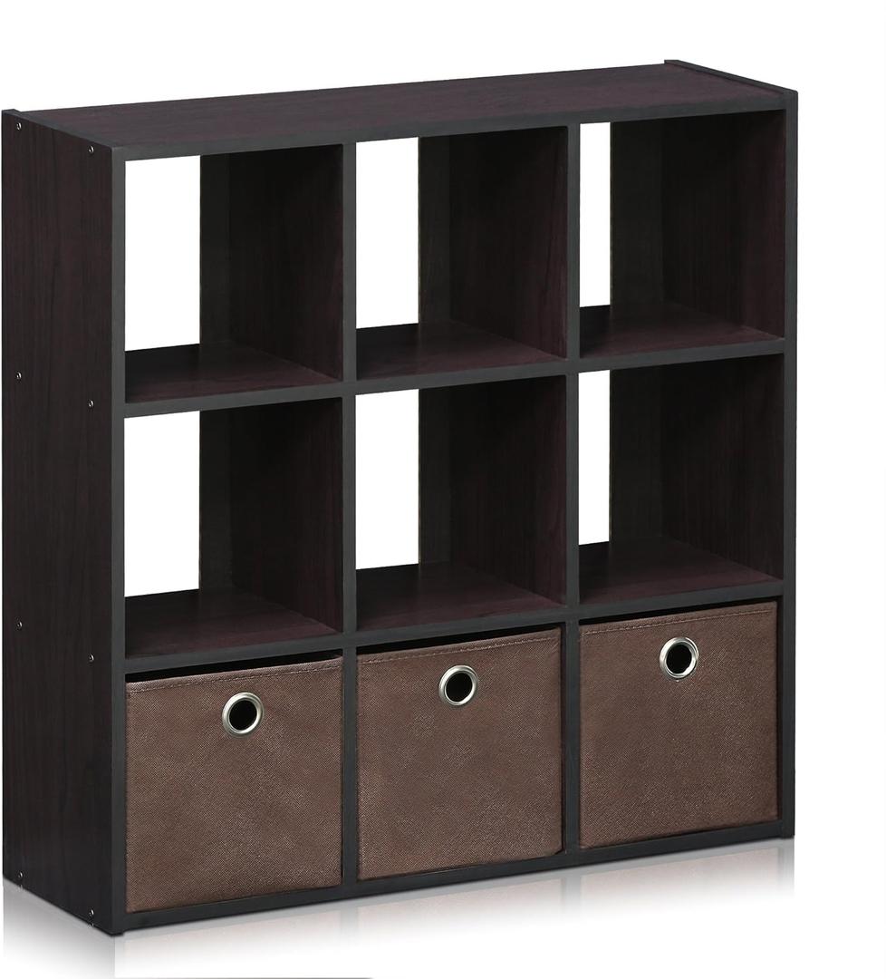 Furinno Simplistic 9-Cube Organizer with Bins, Small Size (Assembled Unit Dimensions : 7.9"D x 26.5"W x 26.7"H Inches), Dark Walnut