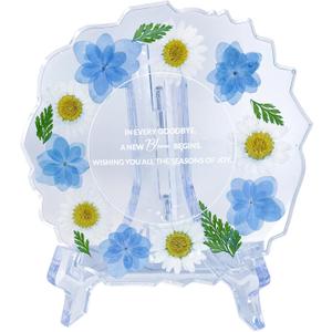 Farewell Gifts for Coworkers Resin Floral Keepsake Plate Decor with Pressed Real Flowers (Blue & White) Retirement & Goodbye Gifts for Coworkers Women