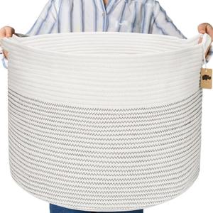 Little Hippo Baskets XXXL Large Cotton Rope 22"x22"x14" Storage Woven Blanket Living Room Toy Basket for Organizing, Baby Gift, Kids Organizer (White with Stitching)