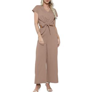 Gardenwed Women's Two Piece Outfit Set, Short Sleeve V Neck Crop Top with Tie Front and Wide Leg Pants (X-Large, Khaki)