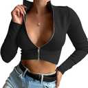 Artfish Women Long Sleeve Turtleneck Ribbed Crop Top Zipper Sexy Cropped Fitted Shirts (Large, 03# Black)