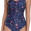 Itzel Women's Twist Front One Piece Swimsuit Tummy Control Flowers Leaf 16