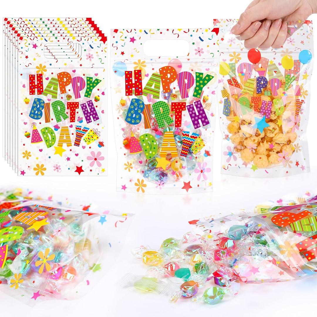 Fuutreo 50 Pcs Happy Birthday Pouches, Clear Sealing Pouches with Handles, Resealable, Colorful Balloons Plastic Bags for Home Office Galentines Party, Candy, Gift Wrap Supplies Decoration(Birthday)