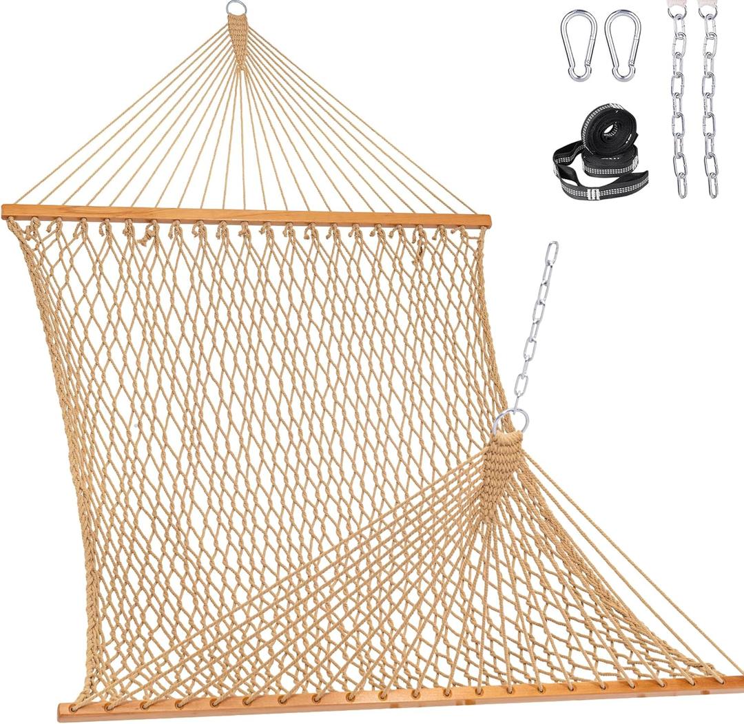 Lazy Daze Hammocks Double Rope Hammock, 2 Person Traditional Outdoor Hand Woven Cotton Rope Hammock with Spreader Bar, Chains, Tree Straps for Patio Yard - Max 450 Lbs, Tan (Tan)
