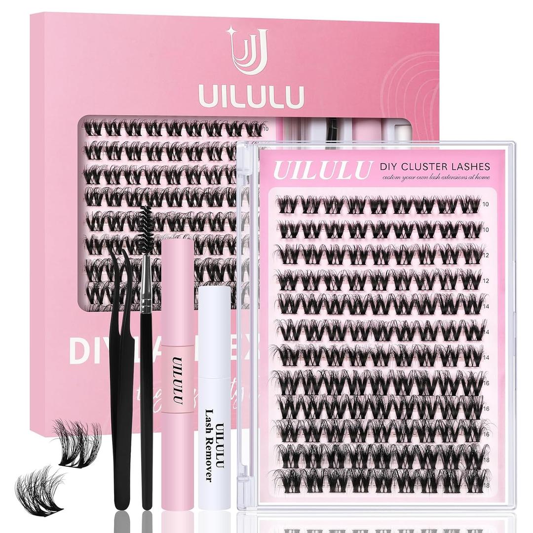 Uilulu Lash Clusters Kit for DIY Lash Extension at Home, False Eyelashes Set with Bond Seal, Lash Remover, Brush, Tweezers, D Curl Wispy Individual Clusters Eye Lash Extensions Kit (U10 Kit)