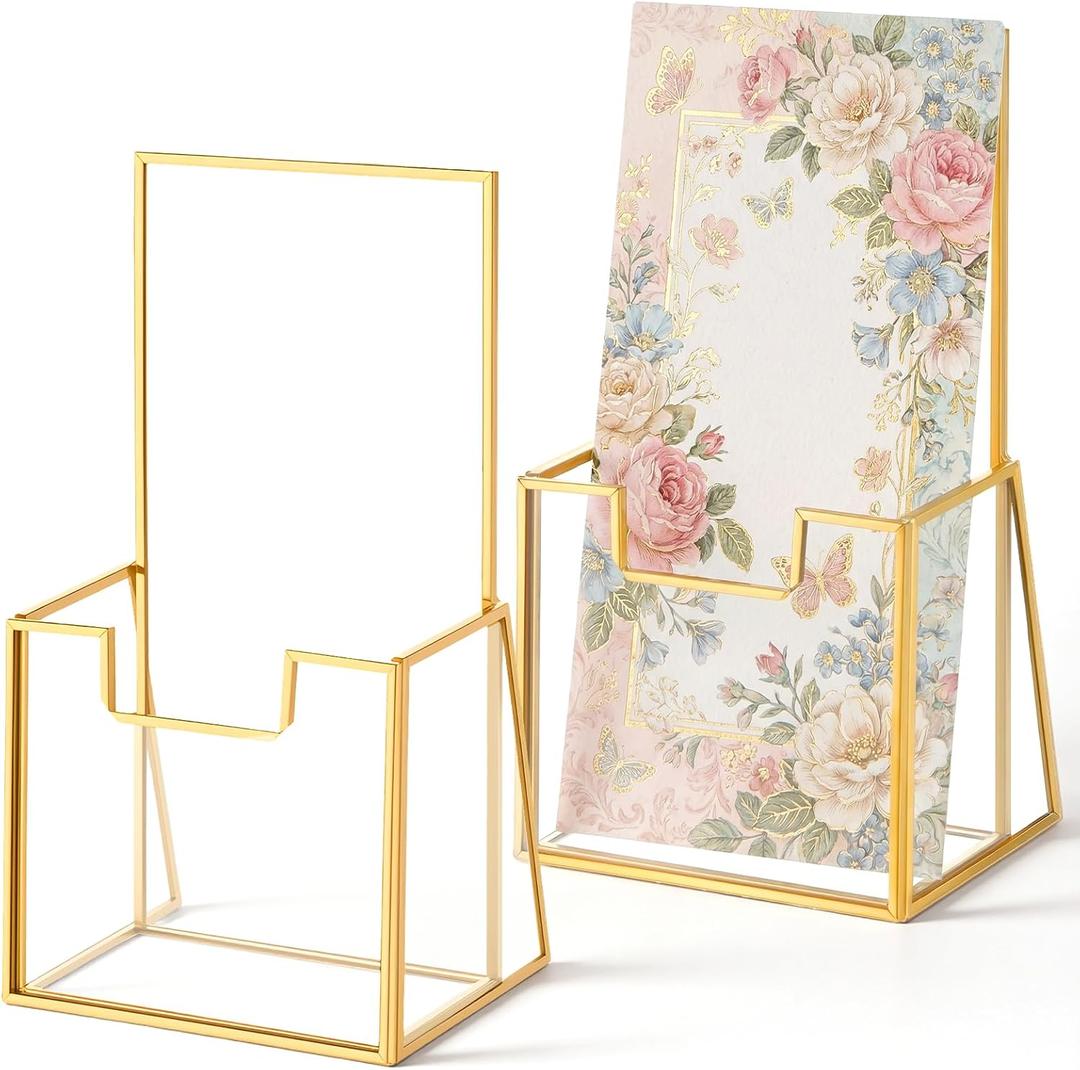 2 Pcs Gold Glass Brochure Holder Stand, 4 Inch Wide Trifold Handouts Countertop Clear Literature Pamphlet Flyer Holder brochure display stand for Magazine Booklets Menu Journals