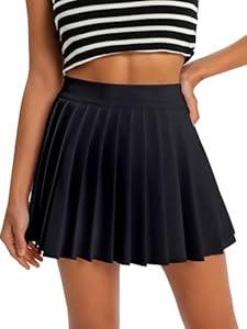 Women's High Waisted Pleated Tennis Skirt School A-Line Skater Mini Skirt with Built-in Shorts Lining (Black, L)