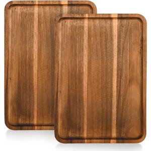 2 Pcs Acacia Wood Serving Tray, Charcuterie Boards Rectangular Wooden Platter, Large Serving Tray Wood Kitchen Display Tray for Food, Cookie, Dessert, Fruit, Snack, Vegetable, 13" x 9" x 0.6"