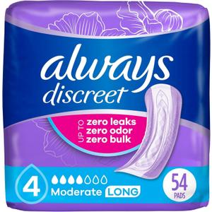 Always Discreet Adult Incontinence Pads for Women, Moderate Absorbency, Long Length, Postpartum Pads, Up to 100% Bladder Leak Protection, 54 Count 