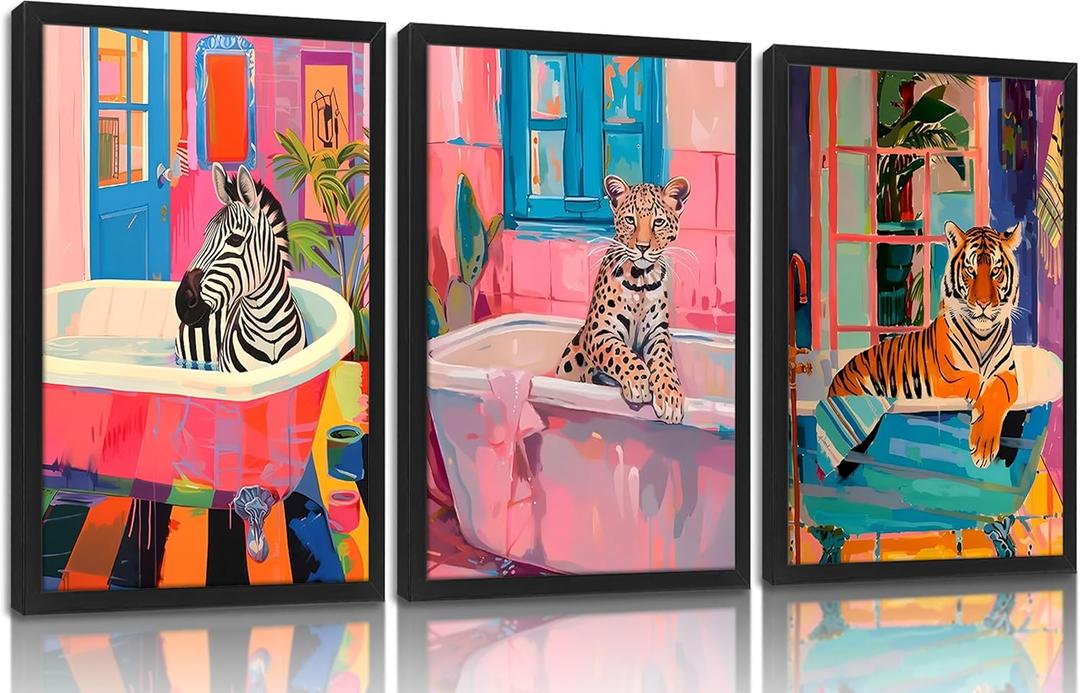 Funky Bathroom Animal Wall Art set of 3, Tiger Leopard Zebra in Bathtub pictures Wall Decor, Pink Kitsch Aesthetic Animal Eclectic Posters Print Artwork for Restroom Bathroom (L16''W24'')