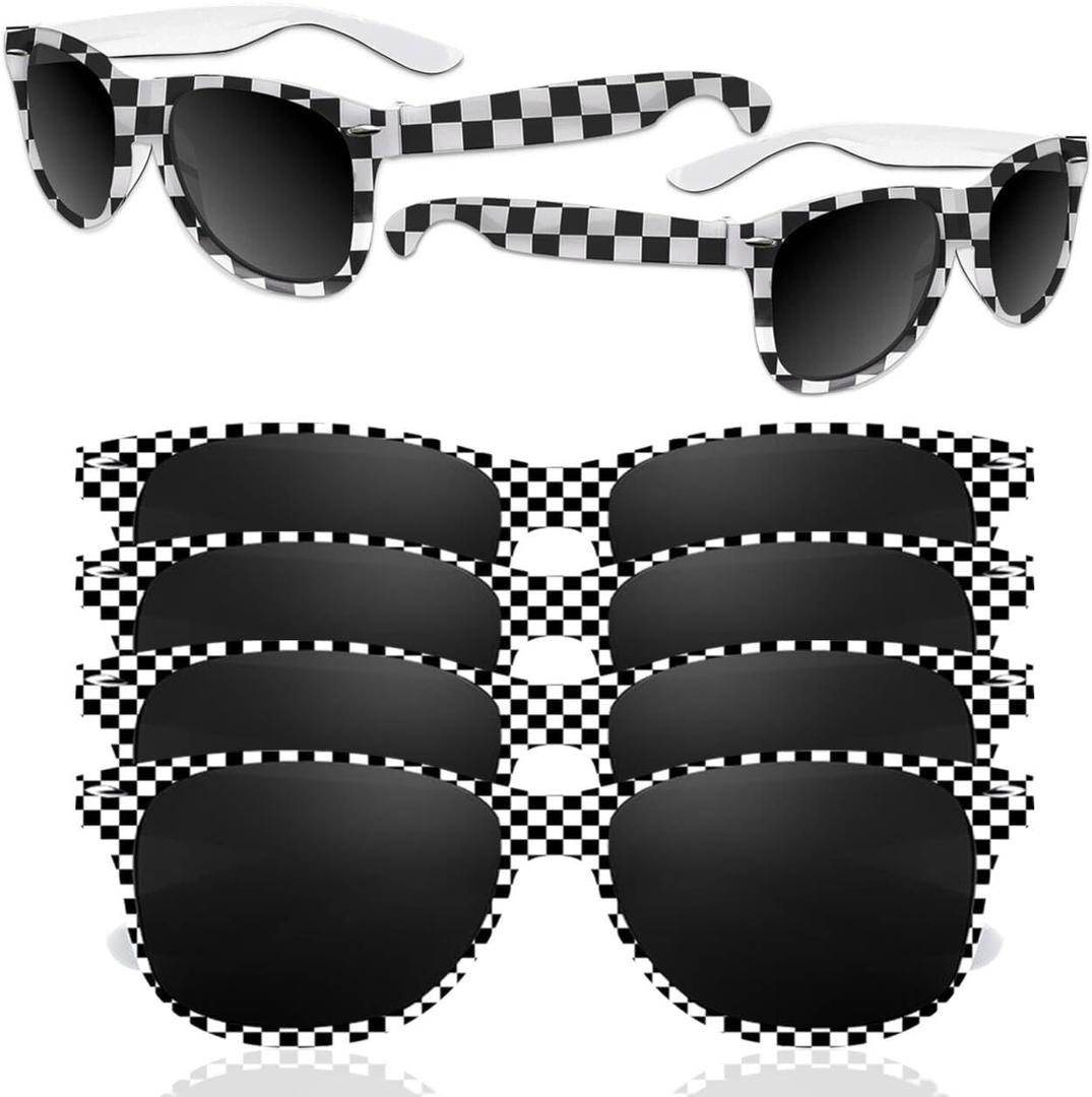 6 Pack Race Car Checkered Sunglasses White Black Frame Checker Sunglasses Bulk Racecar Party Favor Supplies for Summer Pool Beach Accessories, Racing Theme Birthday Supplies Gifts