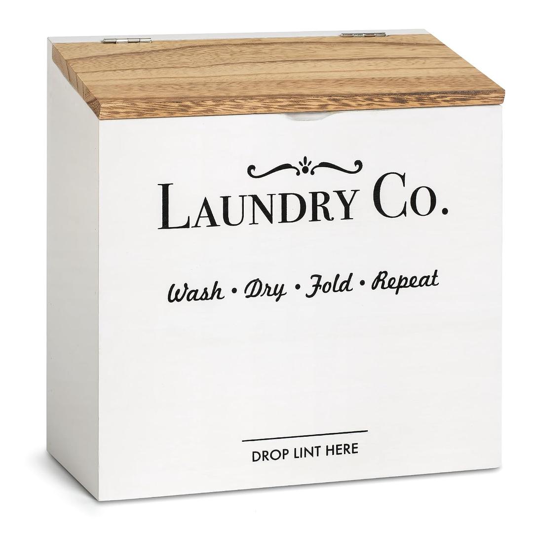 Magnetic Lint Bin for Laundry Room - Dryer Lint Bin with Lid - Wooden Lint Holder, Magnetic Lint Trash Can, Rustic Lint Box - Modern Farmhouse Laundry Room Decor, White