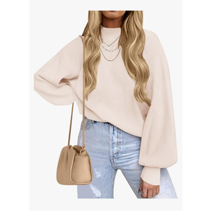 ZESICA Women's Casual Turtleneck Long Lantern Sleeve Oversized Ribbed Knit Pullover Sweater Jumper Top Size S Beige