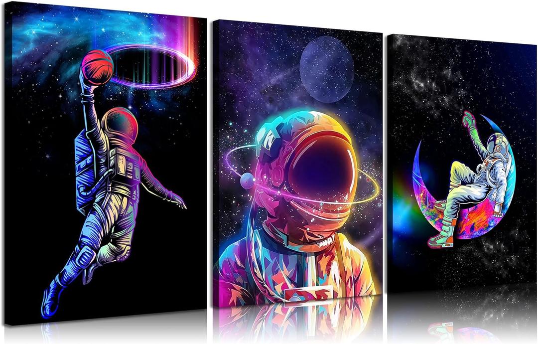 3pcs Cool Astronaut Canvas Wall Art Universe Space Boy Wall Decor Pictures Funny Whimsical Spaceman Basketball Posters Prints Paintings for Teen Boys Room Living Room Bedroom Decoration Ready To Hang