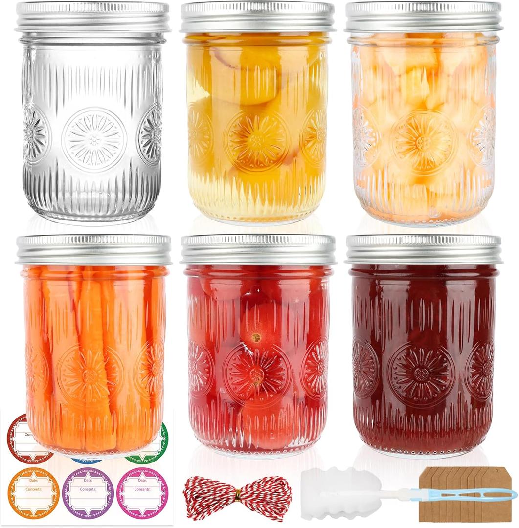 Wide Mouth Mason Jars 16 oz with Lids, 6 Pack Canning Jars with Airtight Lids and Bands, Glass Pint Jars for Pickling, Meal Prep, Preserving, Overnight Oats, Jam, Wedding Favors & Decor