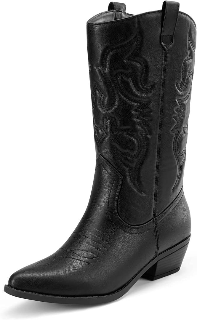 DREAM PAIRS Women's Cowboy Boots Pull On Cowgirl Boots Mid Calf Western Boots, Regular and Wide Calf (11, Black)
